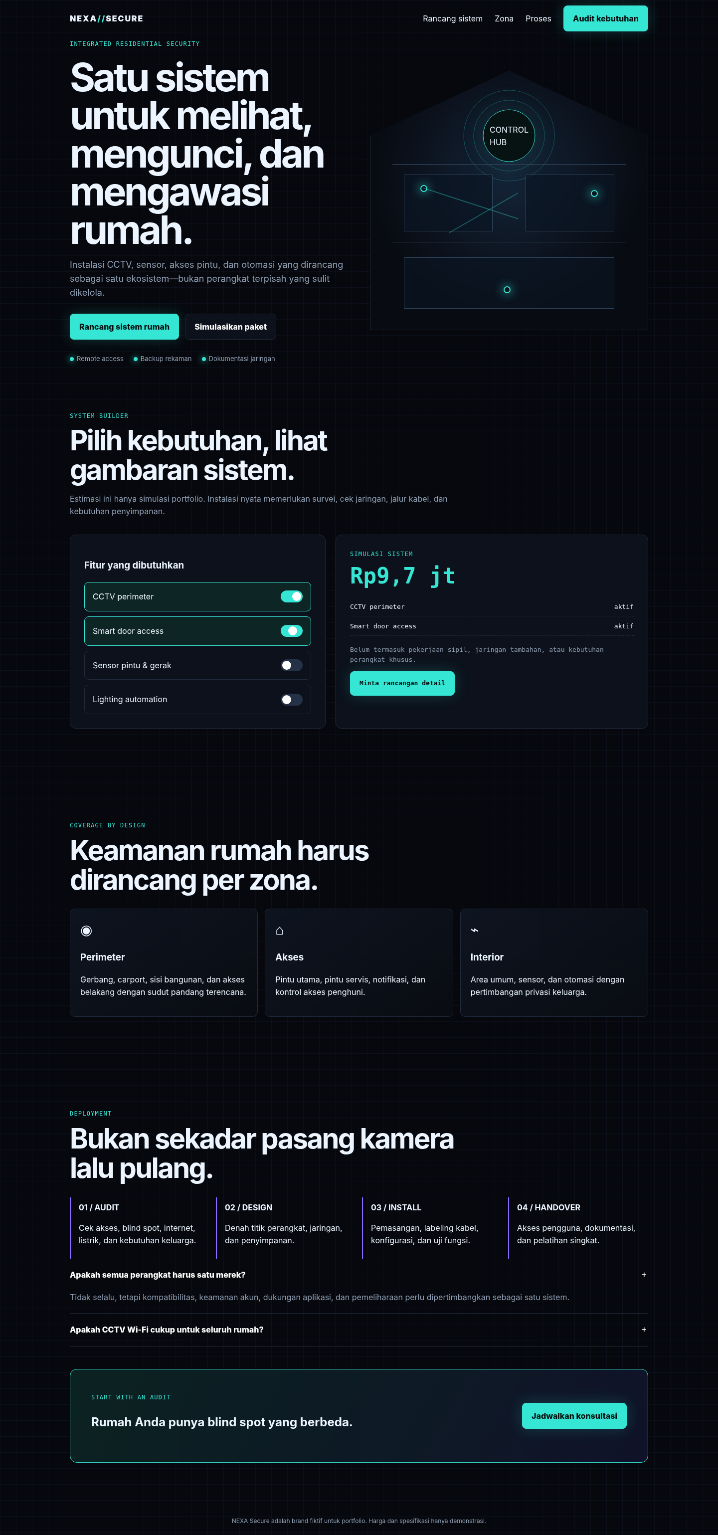 Preview landing page CCTV dan smart home bergaya dark tech