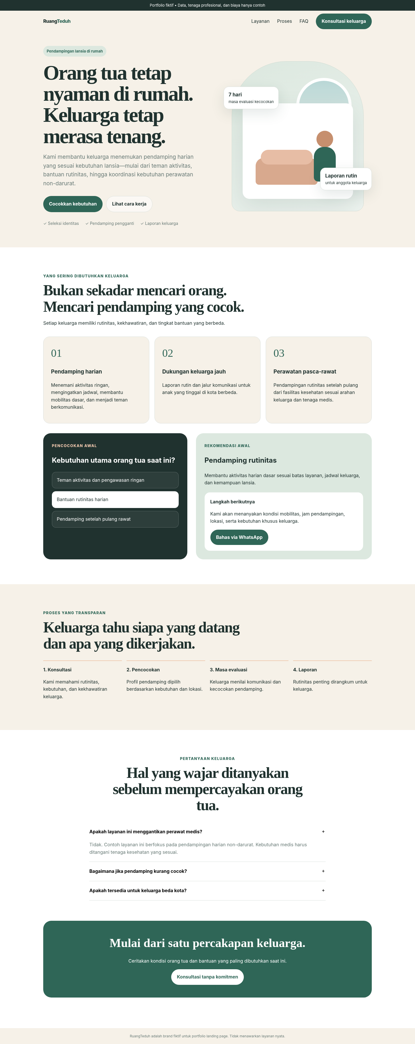 Preview landing page home care lansia bergaya calm trust