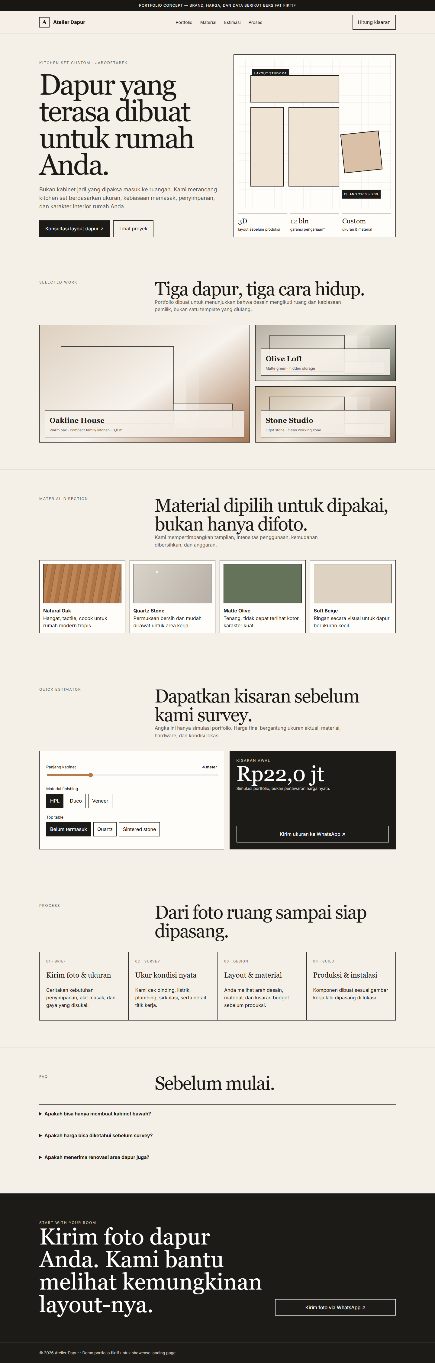 Preview landing page kitchen set custom bergaya arsitektural editorial