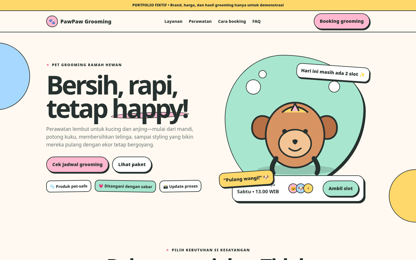 Preview landing page pet grooming dengan UI playful