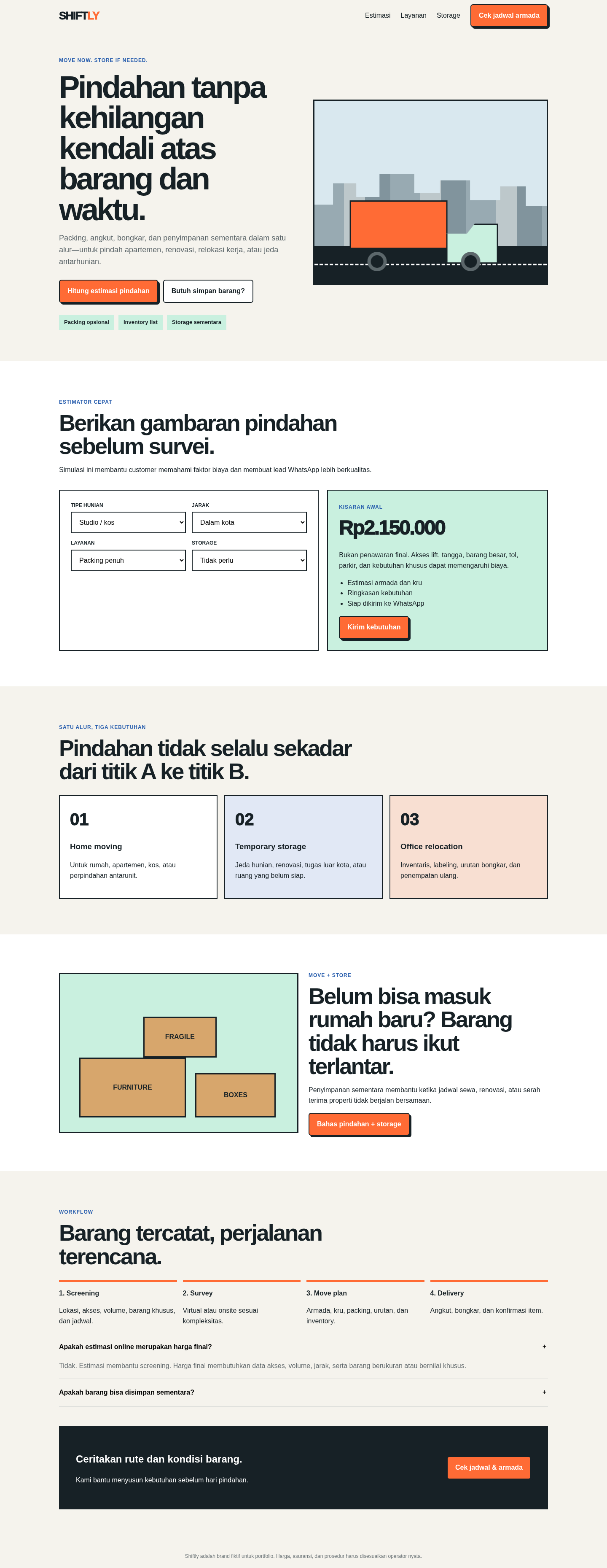Preview landing page pindahan dan storage bergaya urban logistics