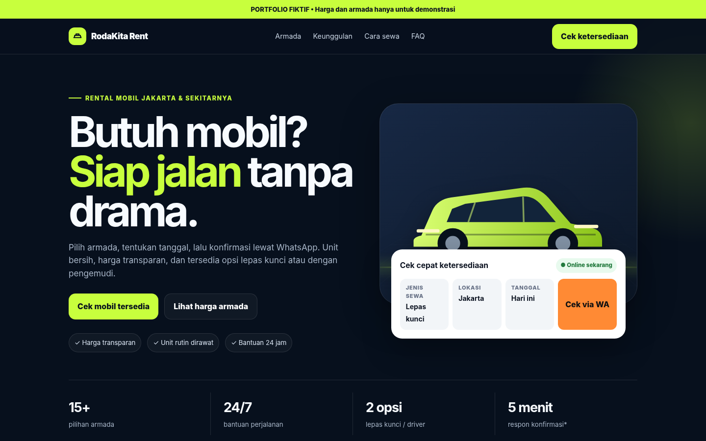 Preview landing page rental mobil bergaya dark utility